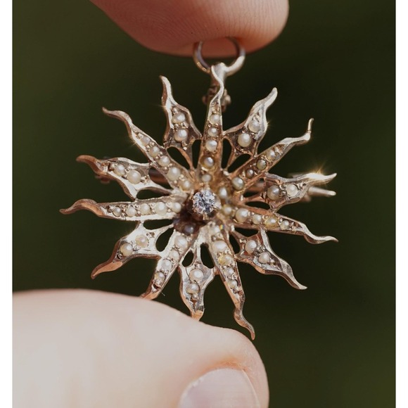 Antique 10k Solid Yellow Gold Natural Seed Pearl Old Mine Cut Diamond Pendant - Picture 4 of 7